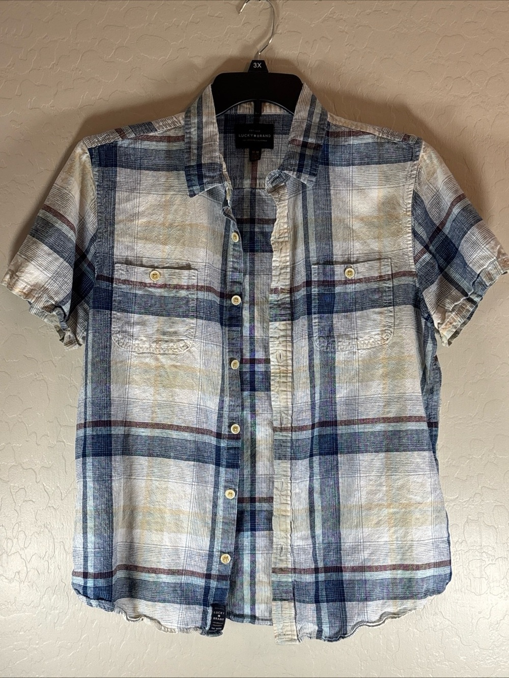 Lucky Brand Shirt Mens Linen Blend Double Pocket Button Up Blue Beige Medium